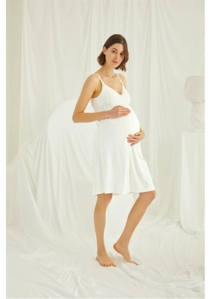 18489 Hamile Lohusa Ip Askılı Dantelli Gecelik -Ekru