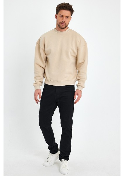 Bej Sweatshirt Oversize Sweatshirt Erkek Bisiklet Yaka Sweatshirt