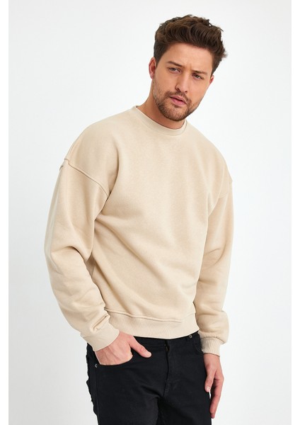 Bej Sweatshirt Oversize Sweatshirt Erkek Bisiklet Yaka Sweatshirt fiyatları