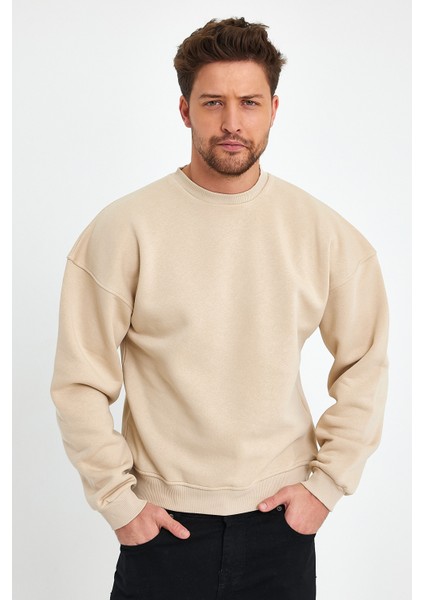 Bej Sweatshirt Oversize Sweatshirt Erkek Bisiklet Yaka Sweatshirt modelleri