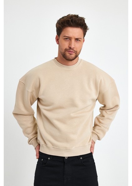 Bej Sweatshirt Oversize Sweatshirt Erkek Bisiklet Yaka Sweatshirt indirimleri