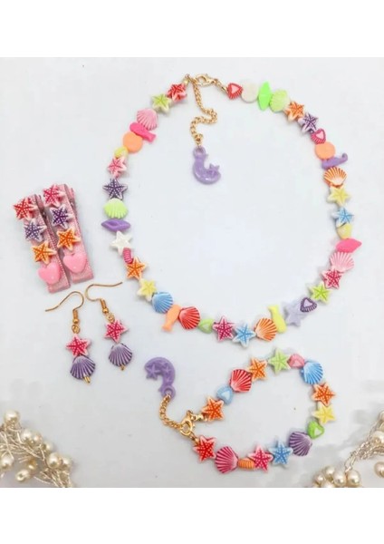 Çocuk Kolye Bileklik Küpe Takımı Çocuk Aksesuar Seti Marin Temalı Çocuk Kolye