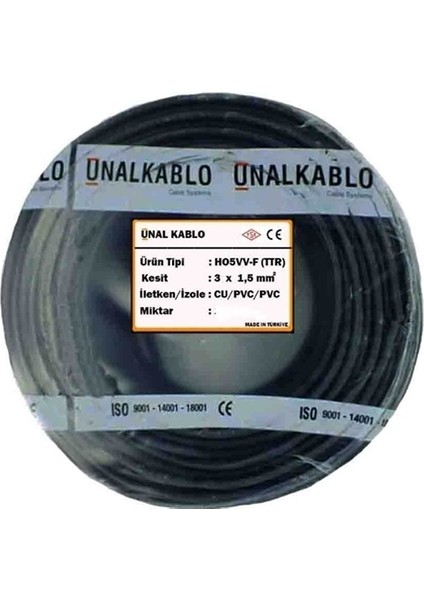 3x1.5 Ttr 15 Metre - Siyah Kaliteli %100 Tam Bakır Kablo