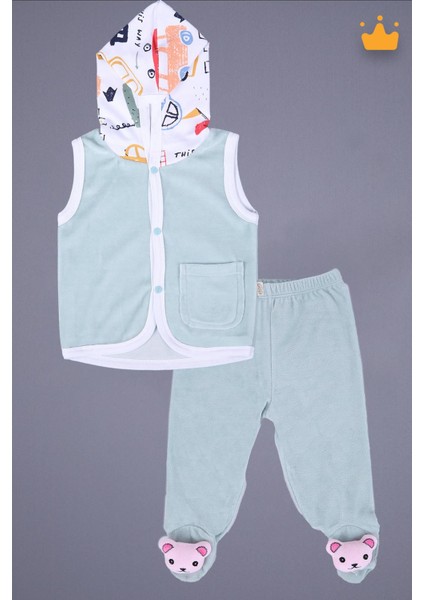 Babyhola Kadife Yelek Patikli Pantolon Unisex Bebek 2'li Set Yeşil
