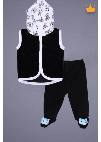 Babyhola Kadife Yelek Patikli Pantolon Unisex Bebek 2'li Set Siyah