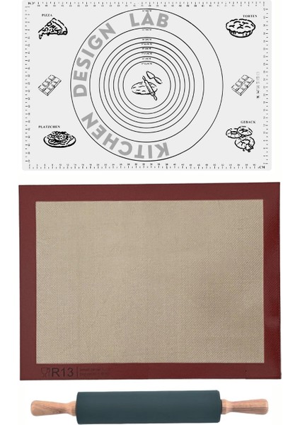 Fırın Pişirme Altlığı, Beyaz Ölçülü Hamur Açma Matı 45 x 65 Cm, Bambu Saplı Silikon Merdane