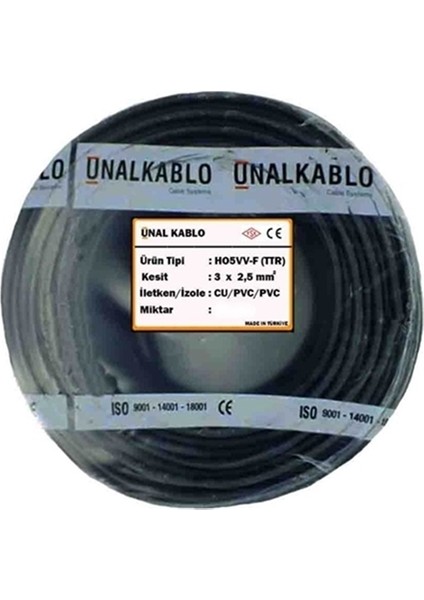 3x2.5 Ttr 50 Metre - Siyah Kaliteli %100 Tam Bakır Kablo