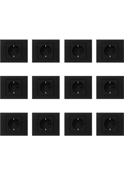 Siyah Topraklı Priz+Çerçeve 12'li Set