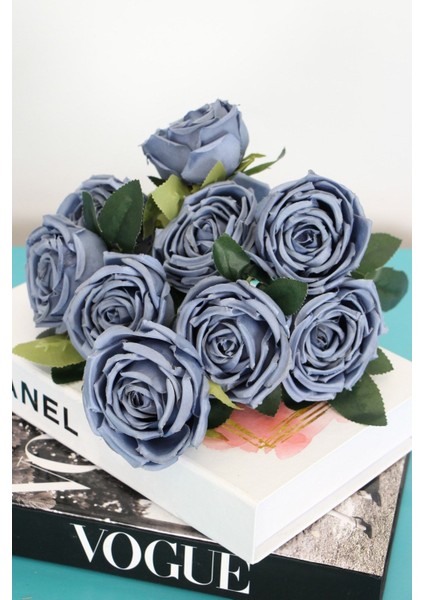 Yapay Çiçek 9lu Kat Kat Gül Demeti 42 cm Mat Lacivert