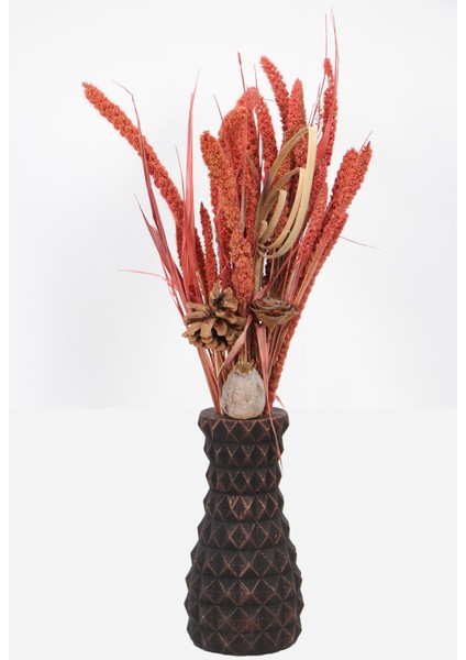 Vintage Vazolu Karışık Kuru Çiçek Tanzimi Kızıl Model