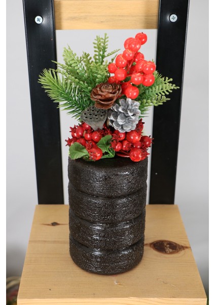 Ahşap Vazolu Yapay Yılbaşı Süsü 30 cm