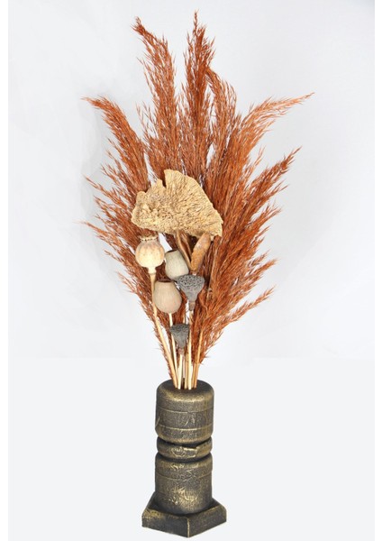 Pampas ve Egzotik Kuru Çiçek Lüx Siyah-Gold Ahşap Vazoda 42 cm