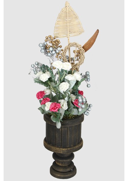 Vintage Ahşap Vazoda Yapay Çiçek Tanzimi 60 cm