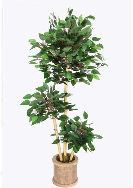 Yapay Benjamin Ağacı 115 cm 3lü Bambu Gövdeli Yeşil (Ahşap Saksı)