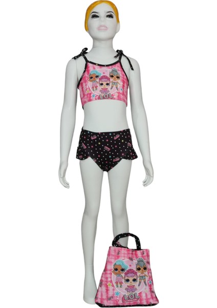 Kız Çocuk Lol Bebek Desenli Plaj Çantalı Bikini Kız Çocuk Bikini