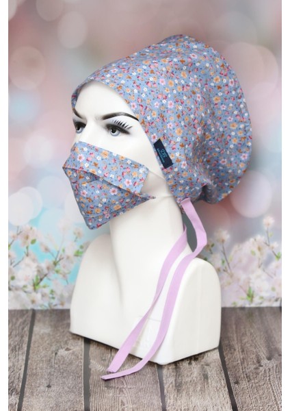 Tesettür Indigo Mavi Çıtır Çiçekler Cerrahi Bone Maske Takım Geniş Kesim