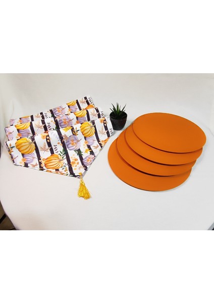 Dijital Baskı Bal Kabağı Desenli Runner ve 4lü Supla Takımı