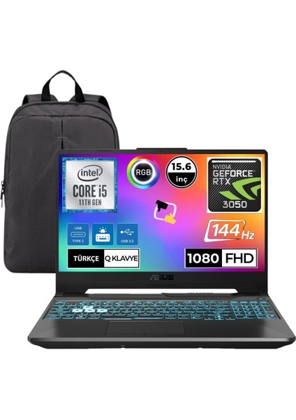 Tuf Gaming F15 FX506HC Intel Core I5 11400H 8gb 512GB SSD RTX3050 Freedos 15.6" 144HZ Fhd Taşınabilir Bilgisayar Snertech Çanta Hediyeli