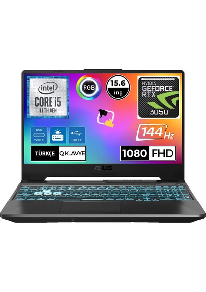 Tuf Gaming F15 FX506HC Intel Core I5 11400H 8gb 512GB SSD RTX3050 Freedos 15.6" 144HZ Fhd Taşınabilir Bilgisayar Snertech Çanta Hediyeli