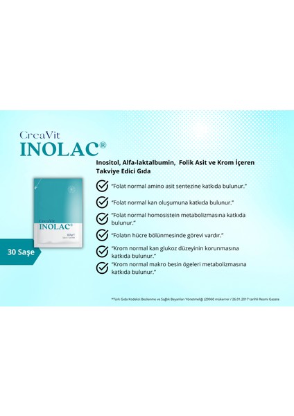 Inolac® Inositol, Alfa-Laktalbümin, Folik Asit ve Krom Takviye Edici Gıda, 30 Saşe