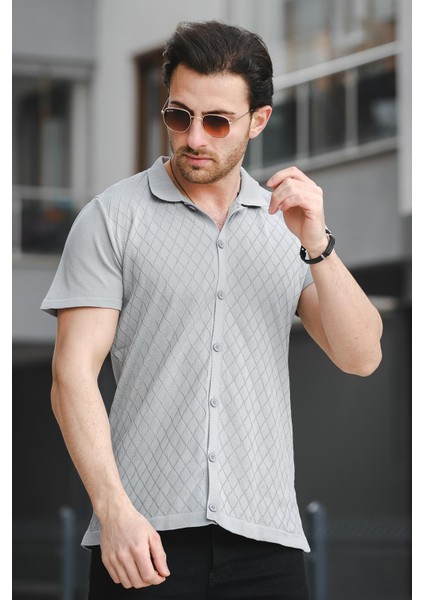 Ht 340015 Polo Yaka Desenli Slim Fit Kısa Kol Triko Erkek Gömlek