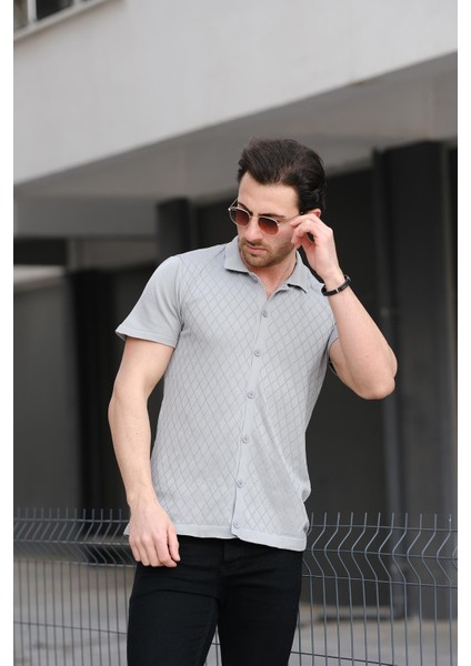 Ht 340015 Polo Yaka Desenli Slim Fit Kısa Kol Triko Erkek Gömlek