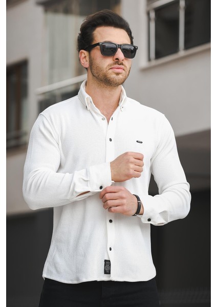 Yx 16788 Çıt Çıtlı Likralı Slim Fit Örme Erkek Gömlek
