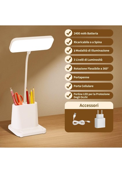 20 LED Çalışma Okuma Işığı Kademeli Şarjlı Masa Lambası Ayarlanabilir Renk ve Parlaklık
