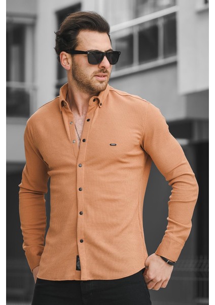 Yx 16788 Çıt Çıtlı Likralı Slim Fit Örme Erkek Gömlek
