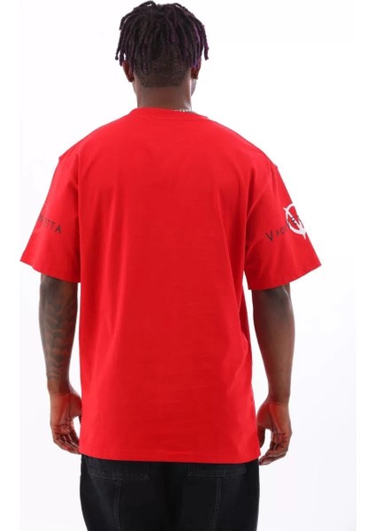 Unisex Oversize Baskılı Bisiklet Yaka T-Shirt - Kırmızı fırsatları