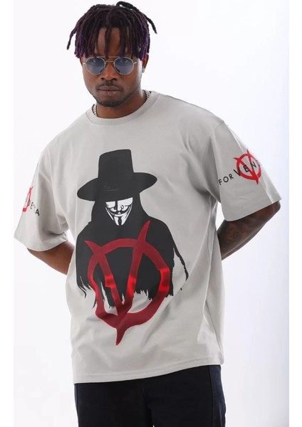 Unisex Oversize Baskılı Bisiklet Yaka T-Shirt - Gri fiyatları