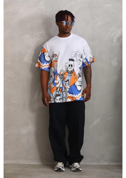 Unisex Oversize Baskılı Bisiklet Yaka T-Shirt - Beyaz