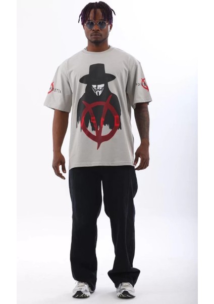 Unisex Oversize Baskılı Bisiklet Yaka T-Shirt - Gri