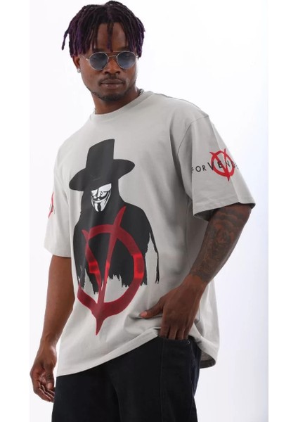 Unisex Oversize Baskılı Bisiklet Yaka T-Shirt - Gri modelleri