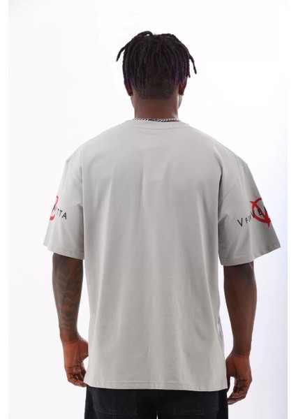 Unisex Oversize Baskılı Bisiklet Yaka T-Shirt - Gri fırsatları