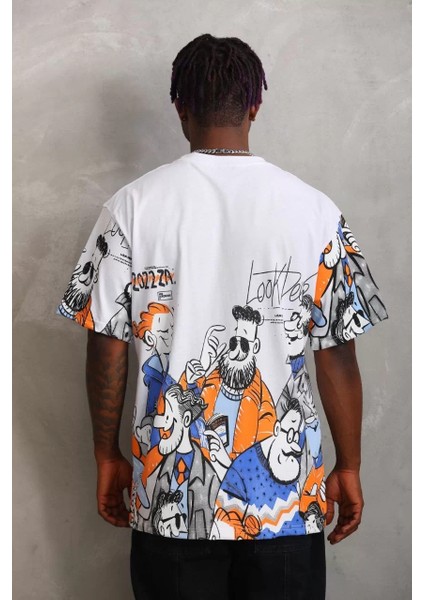 Unisex Oversize Baskılı Bisiklet Yaka T-Shirt - Beyaz fiyatları