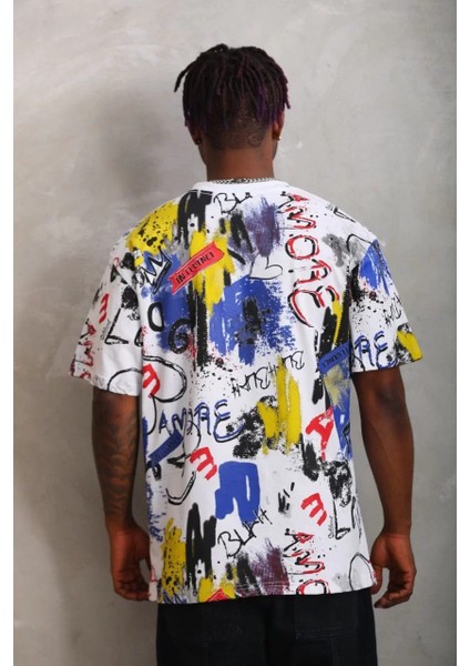 Unisex Oversize Baskılı Bisiklet Yaka T-Shirt - Beyaz fiyatları