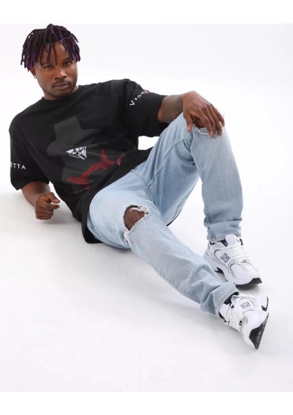 Unisex Oversize Baskılı Bisiklet Yaka T-Shirt - Siyah modelleri