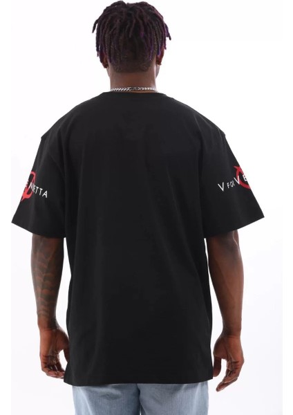 Unisex Oversize Baskılı Bisiklet Yaka T-Shirt - Siyah fırsatları