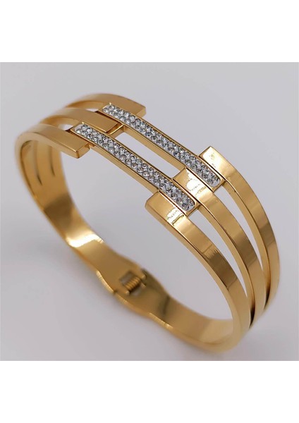 Çelik Gold 3'lü Geniş Taşlı Kaburga Kelepçe Bileklik