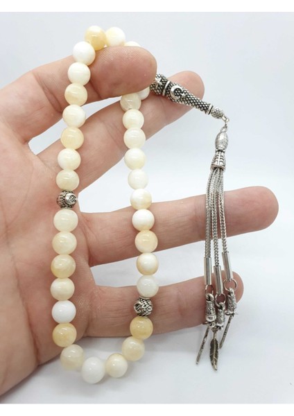 Aragonit Doğal Taş 8 mm Tesbih Krem Beyaz Damarlı
