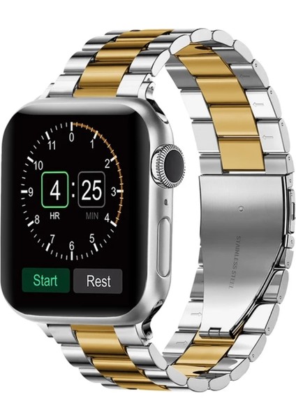 Apple Watch Paslanmaz Çelik Kordon (38mm / 40mm / 41mm /SE Uyumlu) Gümüş Altın