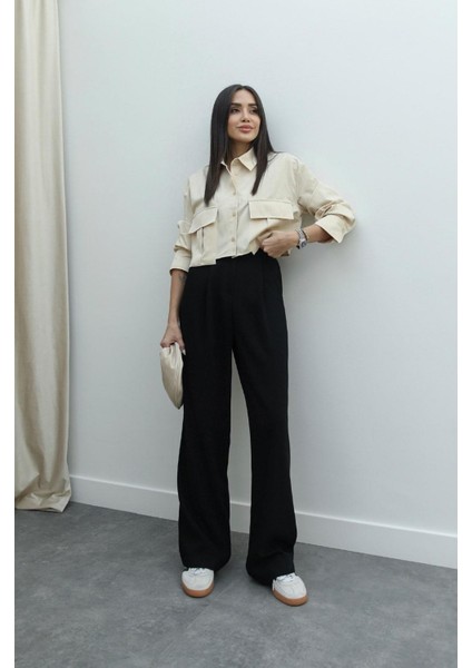 Siyah Dökümlü Palazzo Pantolon