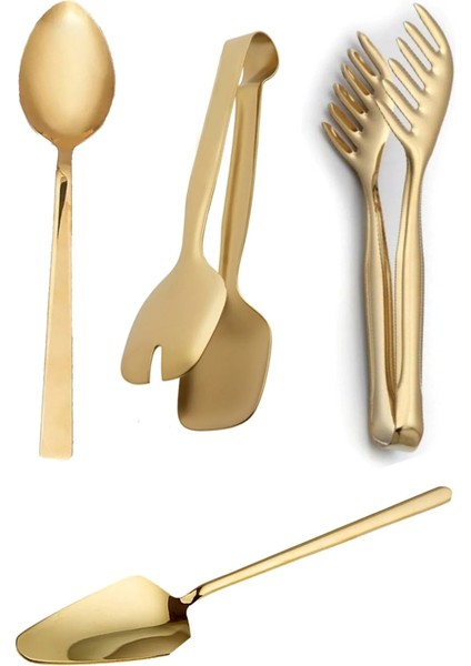 4'lü Lüx Gold Servis Maşa Pasta Kaşık Set