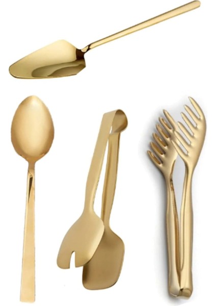 4'lü Lüx Gold Servis Maşa Pasta Kaşık Set