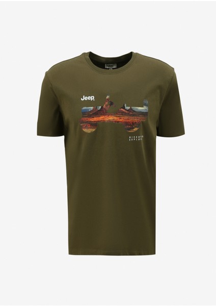 Bisiklet Yaka Baskılı Haki Erkek T-Shirt J4SM-TST7255