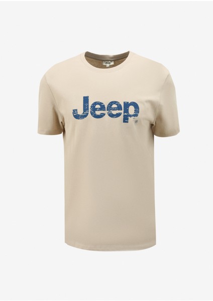 Bisiklet Yaka Baskılı Bej Erkek T-Shirt J4SM-TST7256