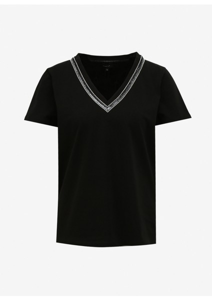 V Yaka Işlemeli Siyah Kadın T-Shirt FC4SL-TST0708
