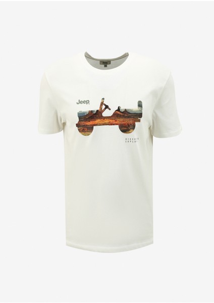 Bisiklet Yaka Baskılı Kırık Beyaz Erkek T-Shirt J4SM-TST7255