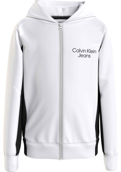 Calvin Klein Beyaz Erkek Hırka Terry Color Block Zıp-Through